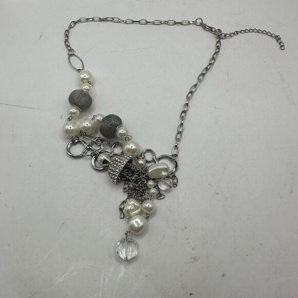 Silver & Pearl Beaded Necklace With Rhinestone Tassel Pendant & Lobster Clasp - Picture 5 of 5